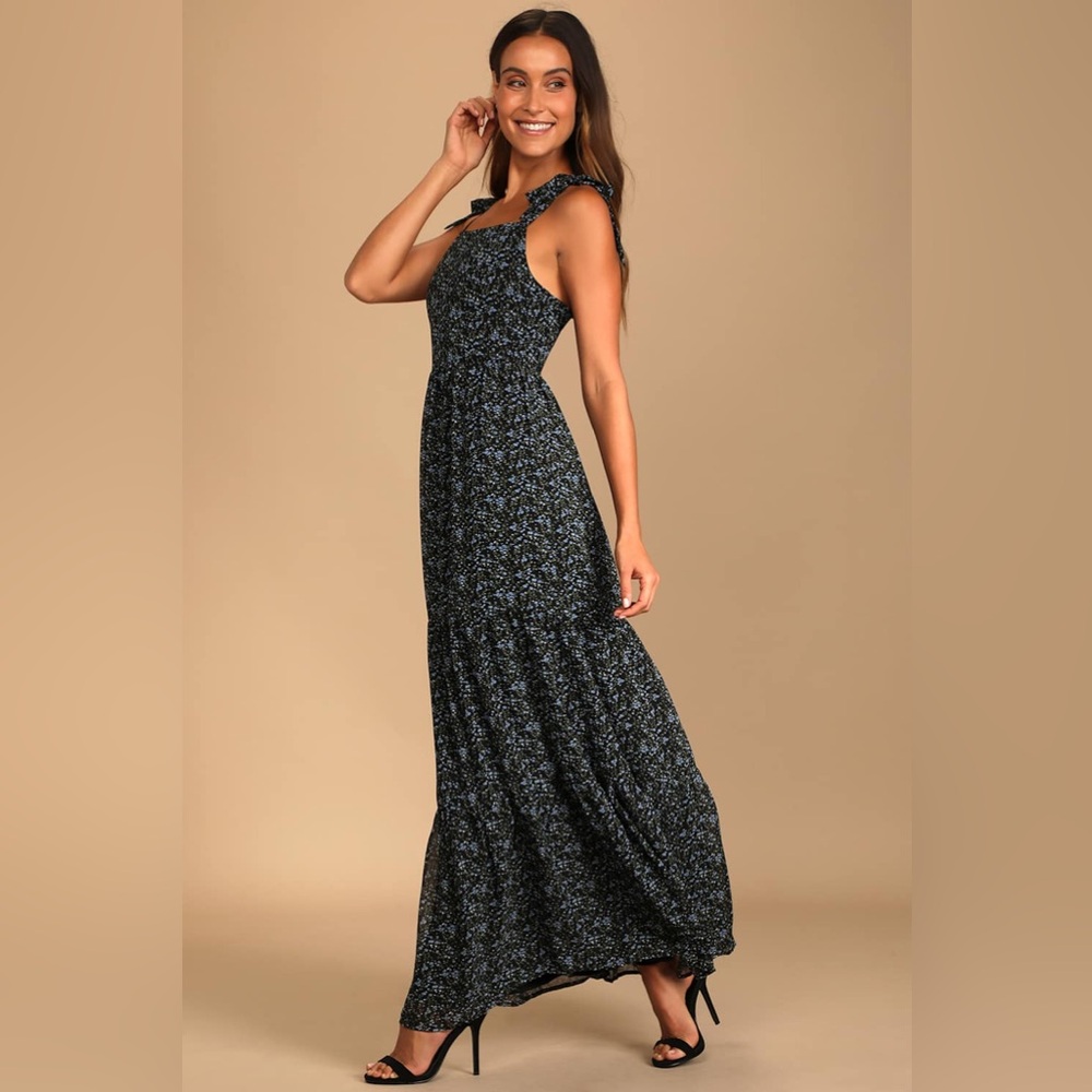 Lulu's Black & Blue Ditsy Floral Print Tie-Strap Tiered S Maxi Dress Cottagecore